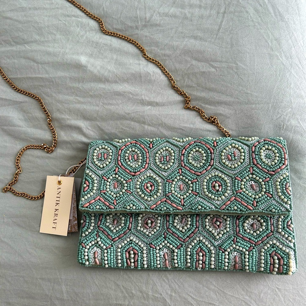 Teal Mediterranean Beaded Antik Kraft Clutch